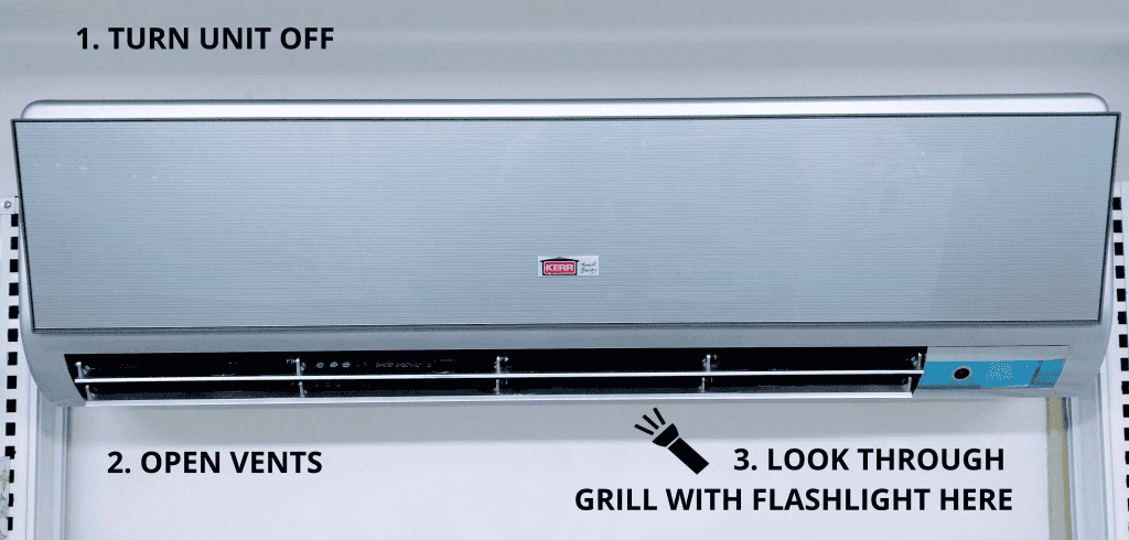 How to check if your heat pump needs cleaning - turn unit off, open vents, look through grill with flashlight