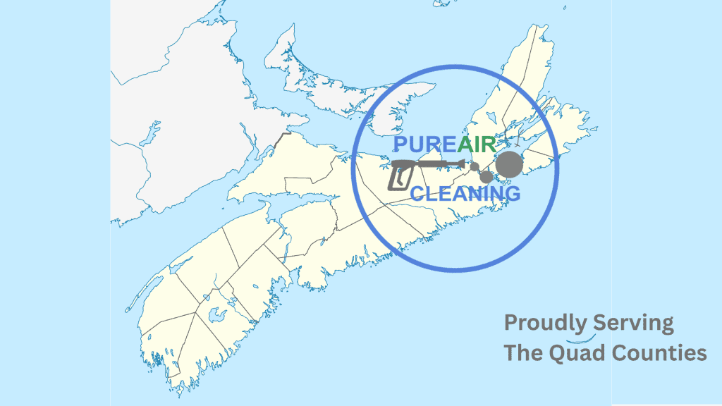 Heat pump cleaning service area map covering Antigonish, Port Hawkesbury, Chéticamp and Cape Breton Nova Scotia